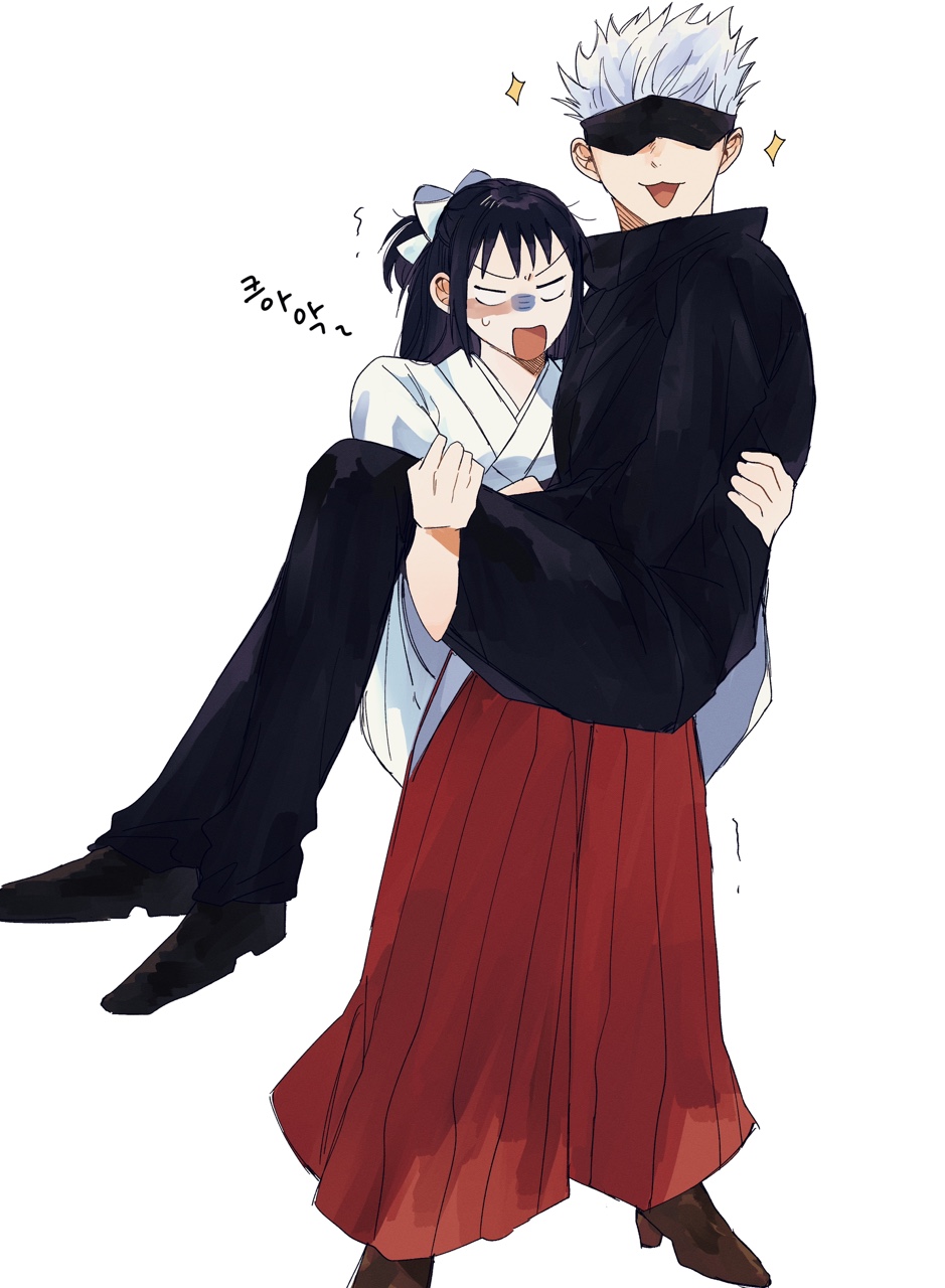 1boy 1girl :3 black_footwear black_jacket blank_eyes brown_footwear carrying carrying_person commentary covered_eyes english_commentary gojou_satoru hair_ribbon highres iori_utahime jacket japanese_clothes jujutsu_kaisen korean_text long_hair long_sleeves matchi_(ginger.8) miko open_mouth princess_carry reverse_princess_carry ribbon short_hair simple_background smile sparkle sweatdrop translation_request white_background