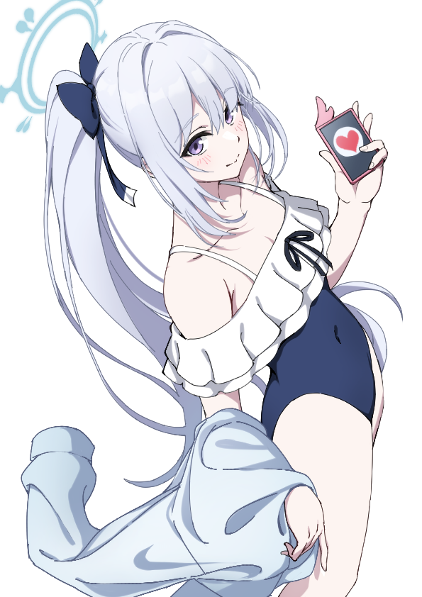 1girl bare_legs blue_archive blue_bow blue_eyes blue_one-piece_swimsuit bow breasts casual_one-piece_swimsuit cellphone cleavage closed_mouth collarbone covered_navel frilled_one-piece_swimsuit frills grey_hair hair_bow halo holding holding_hoodie holding_phone hood hoodie unworn_hoodie kagari_liroi long_hair looking_at_viewer miyako_(blue_archive) miyako_(swimsuit)_(blue_archive) official_alternate_costume one-piece_swimsuit phone ponytail sidelocks simple_background small_breasts smartphone smile solo swimsuit very_long_hair white_background