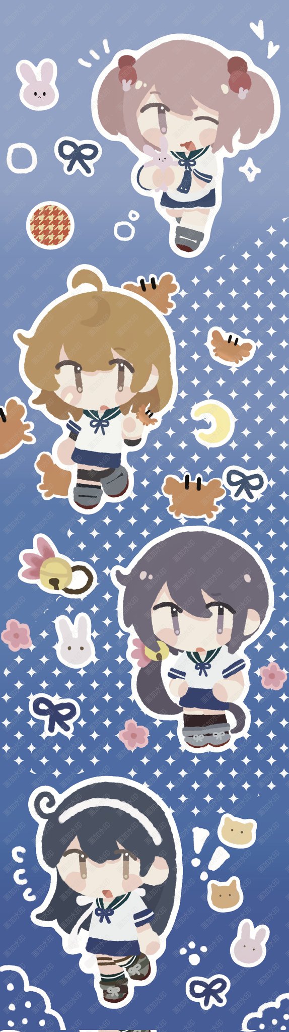 ahoge akebono_(kancolle) andrea_(andreadoria0330) apron bandaid bandaid_on_face bell black_hair blue_background blue_sailor_collar blue_skirt blush_stickers brown_hair chibi commentary commission crab english_commentary flower full_body grey_hair hair_bell hair_bobbles hair_flower hair_ornament hairband highres houndstooth jingle_bell kantai_collection long_hair oboro_(kancolle) oboro_kai_(kancolle) pink_hair rabbit sailor_collar sample_watermark sazanami_(kancolle) sazanami_kai_(kancolle) school_uniform serafuku shirt short_hair side_ponytail skirt twintails ushio_(kancolle) ushio_kai_ni_(kancolle) watermark white_apron white_hairband white_shirt