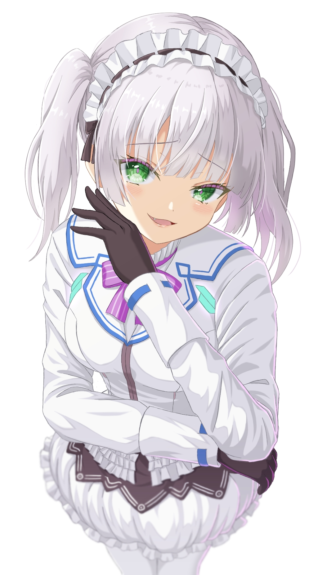 1girl arm_under_breasts black_gloves blunt_bangs blunt_ends blush bow breasts colored_eyelashes commentary cowboy_shot eyelashes eyes_visible_through_hair fang foreshortening frilled_hairband frilled_skirt frills from_above furrowed_brow gloves green_eyes grey_hair hairband hand_up head_tilt heaven_burns_red highres large_breasts long_sleeves looking_at_viewer medium_hair mochimugi_rice ojou-sama_pose open_mouth purple_bow shirt sidelighting simple_background skirt smile smirk solo standing sugawara_chie twintails white_background white_shirt white_skirt