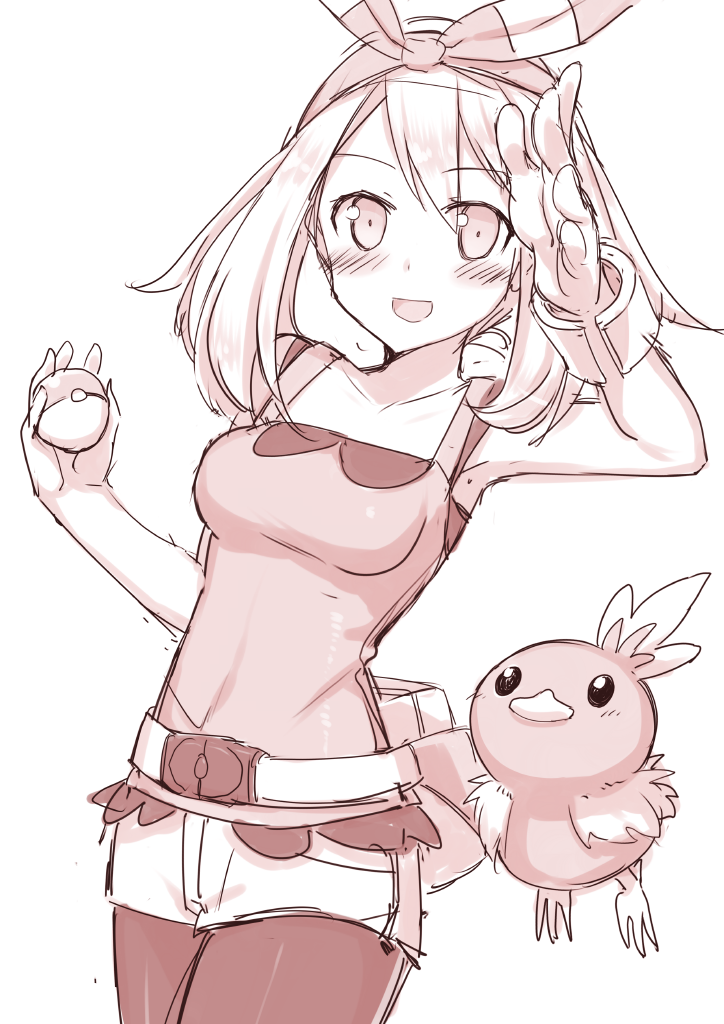 1girl arm_up bandana blush camisole cowboy_shot gen_3_pokemon hiraga_matsuri holding holding_poke_ball long_hair looking_at_viewer may_(pokemon) may_(pokemon_oras) monochrome nintendo npc_trainer open_mouth player_character poke_ball poke_ball_(basic) pokemon pokemon_(creature) pokemon_oras shorts simple_background smile torchic