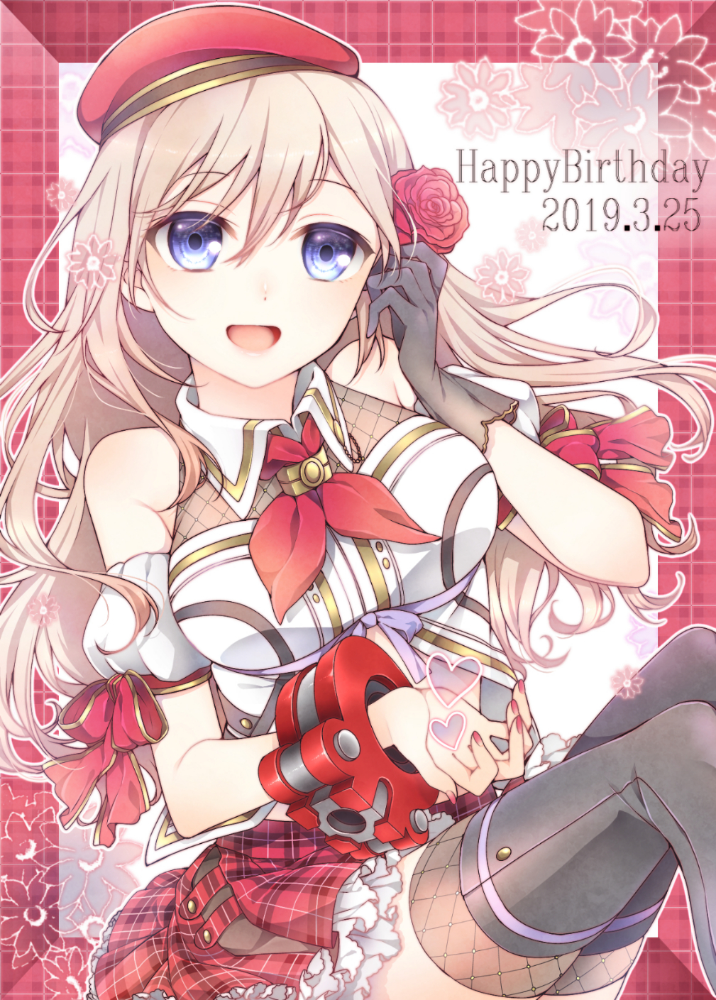1girl :d adapted_costume alisa_ilinichina_amiella bare_shoulders beret black_gloves black_thighhighs blue_eyes boots bracer breasts collared_shirt commentary crop_top dated detached_sleeves fishnet_thighhighs fishnet_top fishnets floral_background flower frilled_skirt frills gloves god_eater god_eater_2:_rage_burst hair_between_eyes hair_flower hair_ornament hand_up happy_birthday hat highres io_(1033k) large_breasts long_hair looking_at_viewer midriff nail_polish open_mouth plaid_clothes plaid_skirt puffy_detached_sleeves puffy_sleeves red_hat red_nails red_skirt rose shirt sidelocks silver_hair single_glove skirt sleeveless sleeveless_shirt smile solo thigh_boots thighhighs white_shirt zettai_ryouiki