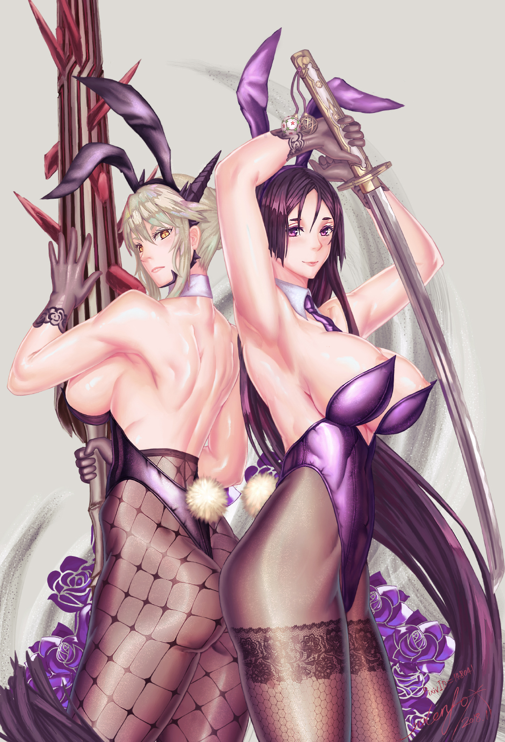 2girls animal_ears areola_slip armpits arms_up artoria_pendragon_(fate) artoria_pendragon_(lancer_alter)_(fate) ass bare_back bare_shoulders blonde_hair breasts commentary_request edenfox fake_animal_ears fate/grand_order fate_(series) gloves highres huge_breasts katana lance leotard long_hair looking_at_viewer looking_back minamoto_no_raikou_(fate) multiple_girls necktie pantyhose pink_background playboy_bunny polearm purple_hair rabbit_ears sideboob smile sword thighs very_long_hair weapon yellow_eyes
