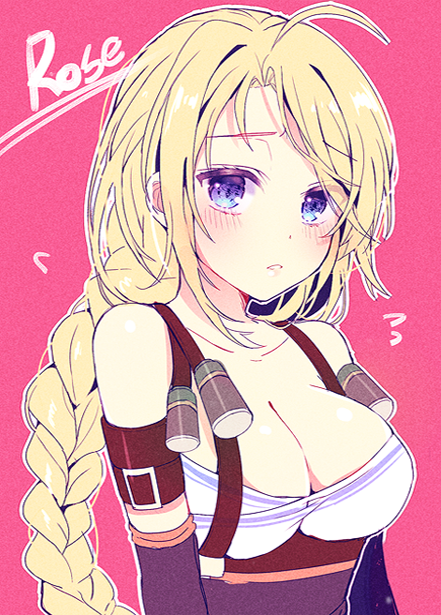 00s 1girl :o ahoge arm_belt bad_id bad_pixiv_id bare_shoulders blonde_hair blue_eyes blush braid breasts buckle capsule character_name cleavage collarbone corset detached_sleeves dungeon_and_fighter elsword expressionless eyebrows female_focus female_gunner_(dungeon_and_fighter) flying_sweatdrops freyja_(elsword) large_breasts long_hair long_sleeves looking_at_viewer male_gunner_(dungeon_and_fighter) male_ranger_(dungeon_and_fighter) multicolored_eyes parted_lips pinb pink_background portrait purple_eyes rose_(elsword) simple_background single_braid solo tareme teeth underbust upper_body
