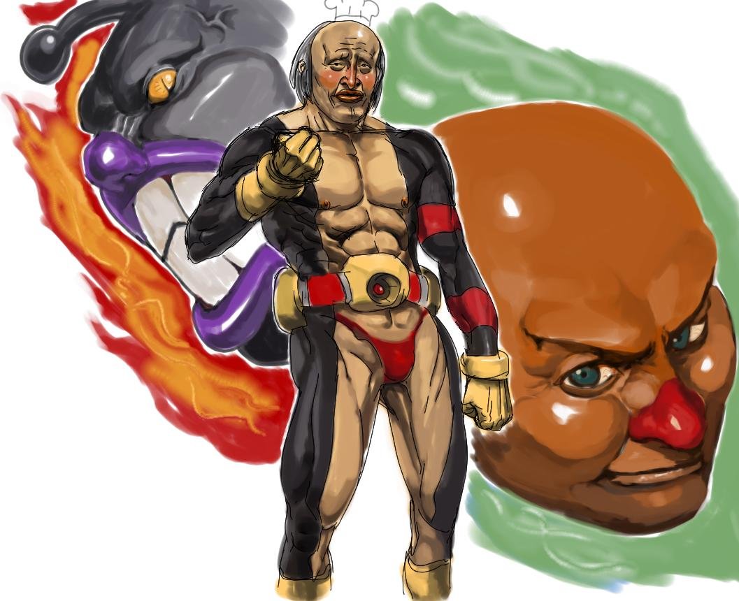 2boys ampanman angry anpanman anpanman_(copy) baikinman bald bodypaint fabulous jam_ojisan jintetsu male_focus multiple_boys muscular