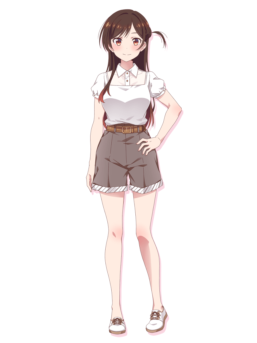 1girl arm_at_side bare_legs belt breasts brown_belt brown_eyes brown_hair brown_shorts closed_mouth collared_shirt full_body hand_on_own_hip highres kanojo_okarishimasu long_hair looking_at_viewer medium_breasts mizuhara_chizuru official_art shirt shirt_tucked_in shoes short_sleeves shorts simple_background smile solo standing straight-on tachi-e transparent_background white_shirt white_shoes