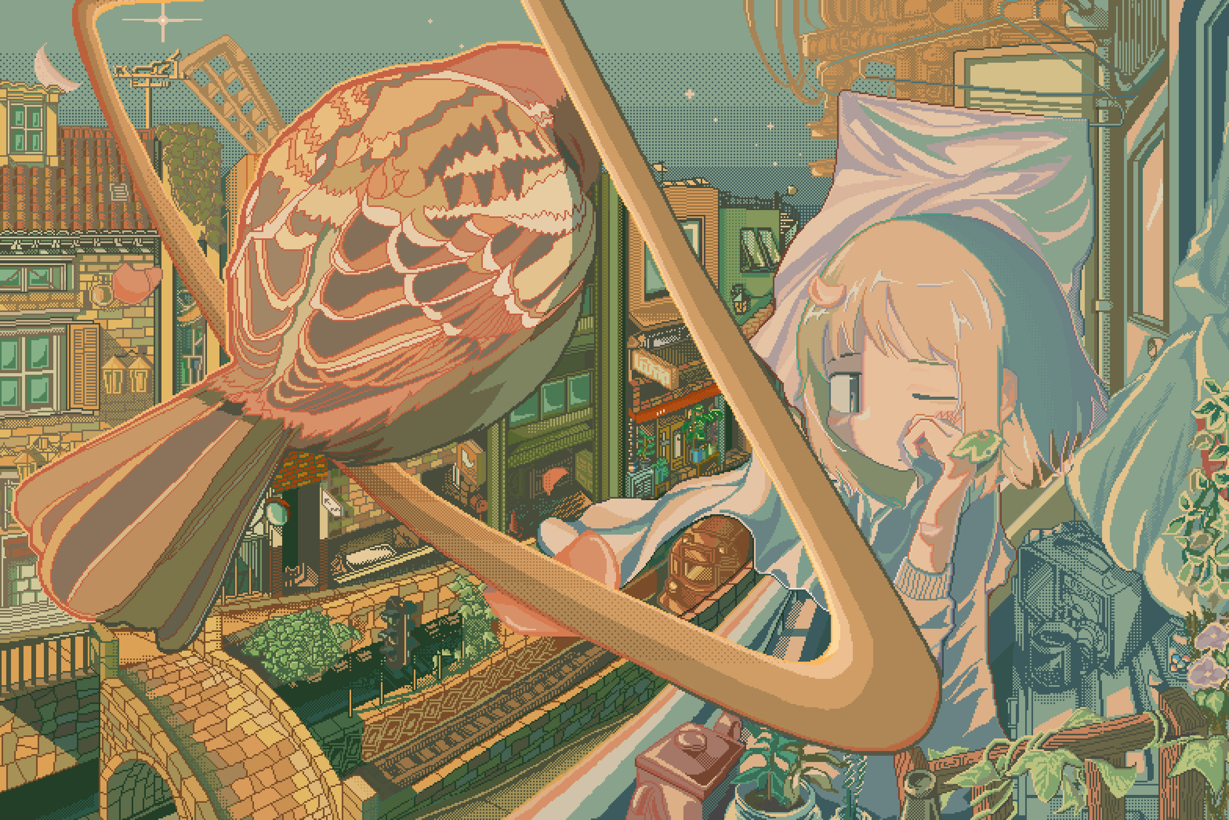 1girl absurdres arch_bridge balcony bird brick_wall bridge building city clothes_hanger crescent_moon dithering foreshortening highres looking_at_animal moon one_eye_closed original papers_drivers perspective pixel_art plant potted_plant railing railroad_tracks rubbing_eyes scenery sky sparrow star_(sky) starry_sky streetcar traffic_light trembling vines weather_vane window
