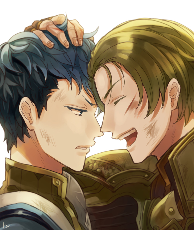 2boys akke armor artist_name blood blood_on_face blue_eyes blue_hair closed_eyes fingerless_gloves fire_emblem fire_emblem_echoes:_shadows_of_valentia forsyth_(fire_emblem) gloves green_eyes green_hair injury male_focus multiple_boys nintendo python_(fire_emblem) simple_background upper_body white_background yaoi
