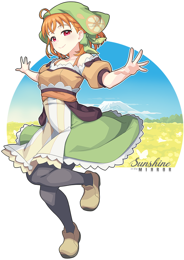 1girl ahoge ankle_boots bare_shoulders black_pantyhose boots bow braid brown_boots chika_(genjitsu_no_yohane) closed_mouth commentary dress english_text eyebrows_hidden_by_hair foot_up full_body genjitsu_no_yohane green_bow green_headscarf green_headwear hair_bow half-closed_eyes hands_up headscarf looking_at_viewer love_live! love_live!_sunshine!! medium_dress multicolored_dress open_hands orange_hair outline pantyhose puffy_short_sleeves puffy_sleeves red_eyes short_hair short_sleeves smile solo standing standing_on_one_leg takami_chika transparent_background waste-man white_outline