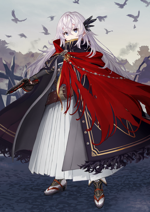 1girl armor belt belt_buckle black_coat blue_eyes breasts bright_pupils brown_belt buckle buttons cape closed_mouth coat fate/grand_order fate_(series) feather_hair_ornament feathers fingerless_gloves full_body game_cg gloves grey_gloves gun hair_between_eyes hair_ornament hakama hakama_skirt high_collar high_heel_sandals holding holding_gun holding_weapon japanese_armor japanese_clothes kote kurokote long_hair looking_at_viewer official_art open_clothes open_coat outstretched_arm red_cape saika_magoichi_(fate) sandals shirabi sidelocks skirt socks solo standing tabi third-party_source torn_cape torn_clothes weapon white_hair white_hakama white_pupils white_socks zouri