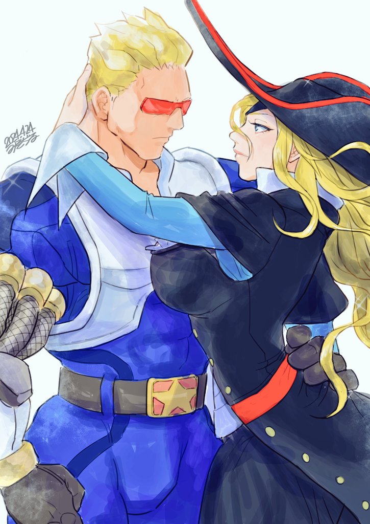 1boy 1girl arm_around_neck arm_around_waist blonde_hair blue_eyes breasts capcom captain_commando captain_commando_(character) flirting from_side gloves half-closed_eyes hat hug large_breasts legs looking_at_another marvel_vs._capcom marvel_vs._capcom_2 muscular muscular_male pirate pirate_hat pointy_hair ruby_heart short_hair sideboob thighs traditional_media uniform