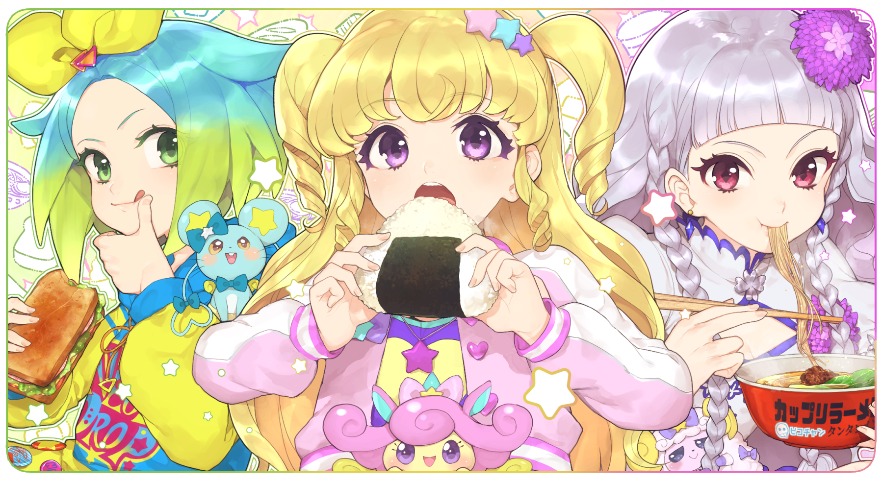 3girls :q aikatsu! aikatsu!_(series) blonde_hair blue_hair blue_hoodie blunt_bangs border braid breasts chopsticks cleavage closed_mouth commentary_request cup_ramen dress drill_hair eating food gradient_hair green_eyes green_hair grey_hair highres hitoto holding holding_chopsticks holding_food holding_sandwich hood hood_down hoodie jacket long_hair multicolored_hair multiple_girls onigiri open_clothes open_jacket open_mouth pink_jacket purple_eyes red_eyes sandwich short_hair side_braid star_(symbol) teeth tongue tongue_out twin_braids two-tone_hair upper_teeth_only white_border white_dress