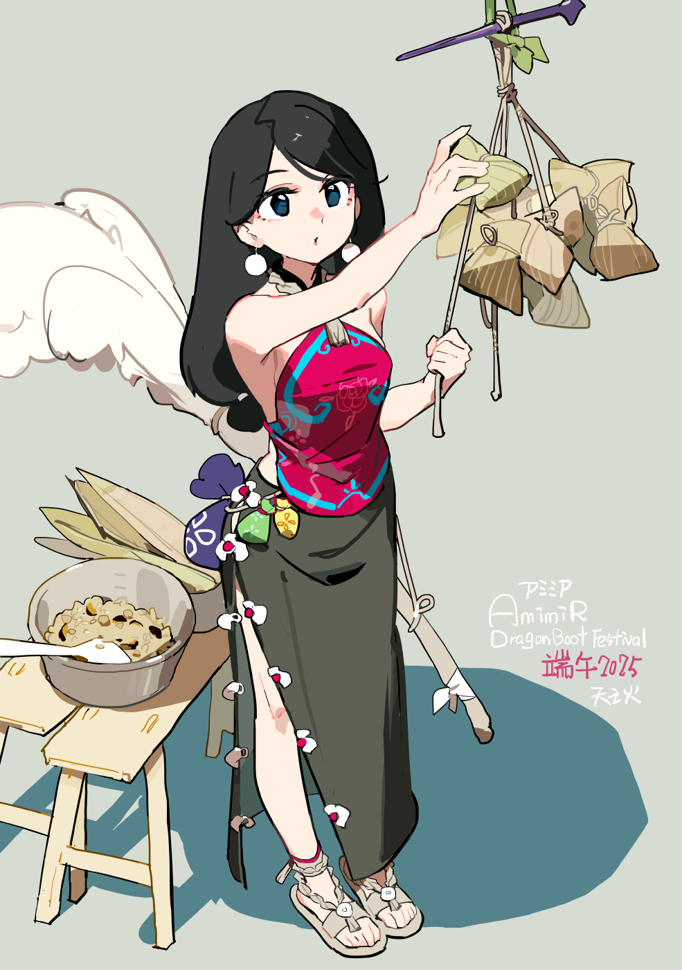 1girl bare_shoulders bench black_hair black_sarong breasts commentary_request cooking_pot dated earrings english_text full_body green_eyes grey_background halterneck highres jewelry long_hair original pink_shirt sandals sarong shadow shirt signature sleeveless sleeveless_shirt small_breasts standing tennohi tying wooden_bench