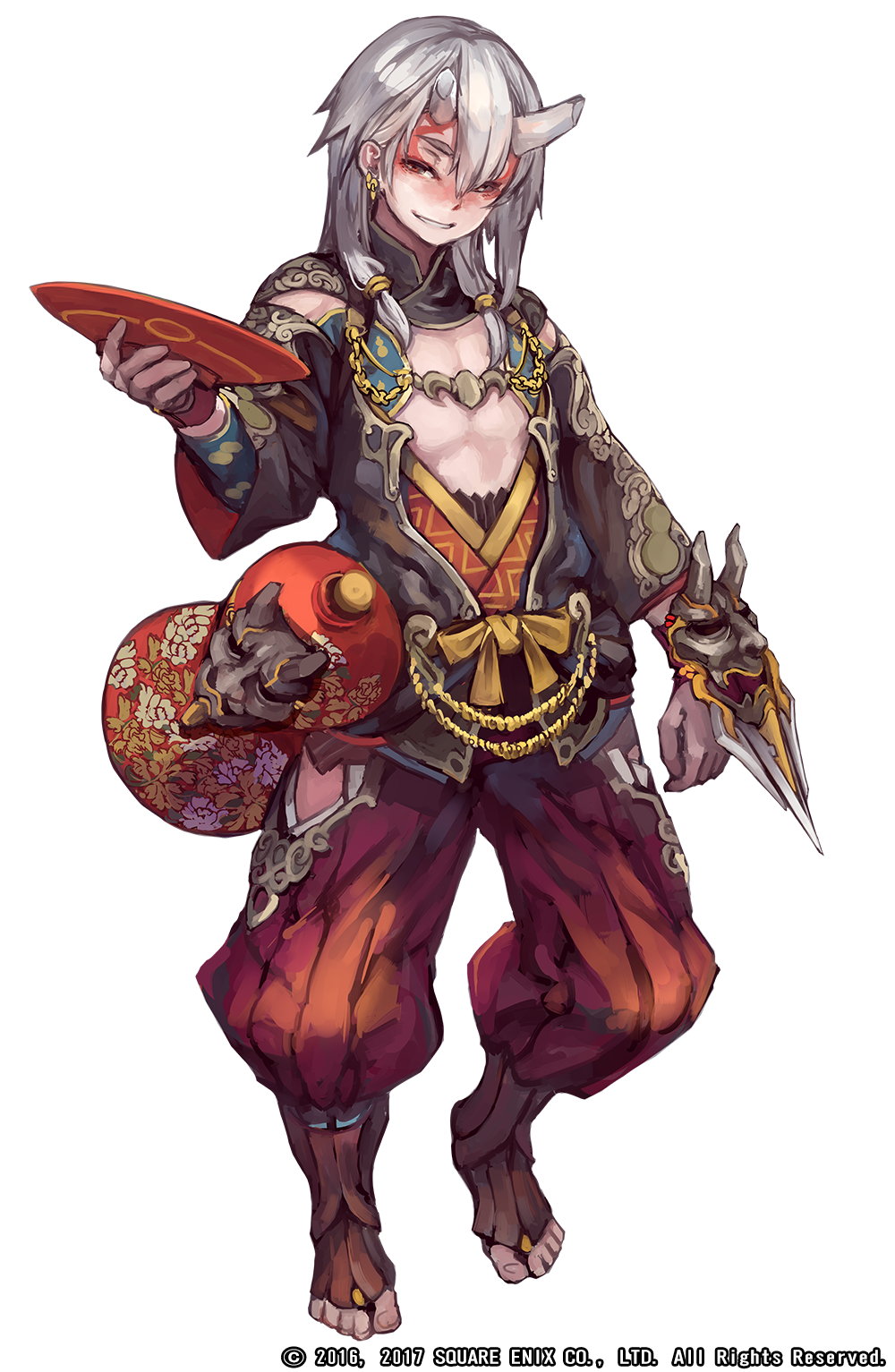 1boy broken_horns drunk earrings grimms_notes grin highres holding holding_plate japanese_clothes jewelry male_focus official_art plate red_eyes shuten_douji_(grimms_notes) simple_background smile solo suzuno_(bookshelf) toeless_footwear white_background