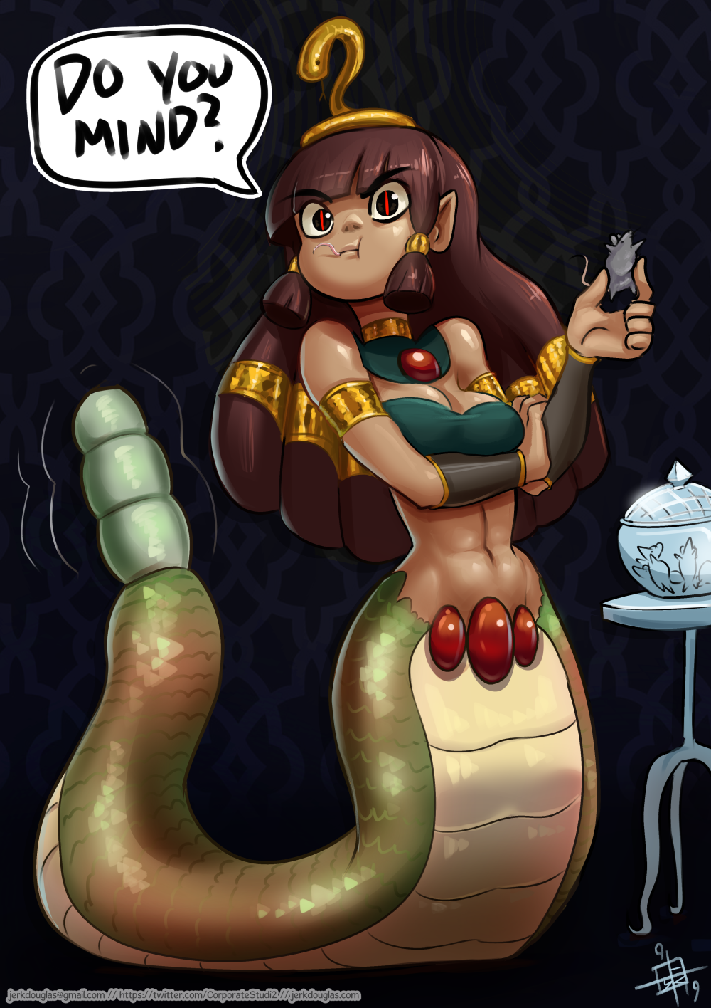 1girl :t annoyed bandeau breasts brown_hair cleavage crown dark-skinned_female dark_skin detached_collar eating english_text female_focus hair_tubes highres hime_cut jerk_douglas jewelry lamia lamia_princess_(towergirls) long_hair monster_girl mouse_(animal) navel neck_ring pointy_ears rattlesnake slit_pupils small_breasts solo stomach toned towergirls
