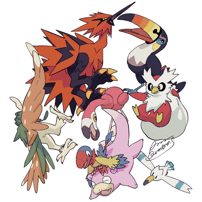 archen bird black_eyes closed_eyes commentary_request decidueye delibird fangs flamigo galarian_form galarian_zapdos gen_1_pokemon gen_2_pokemon gen_3_pokemon gen_5_pokemon gen_7_pokemon gen_8_pokemon half-closed_eyes legendary_pokemon nintendo no_humans on_head open_mouth pokemon pokemon_(creature) pokemon_on_head sagemaru-br signature simple_background slowpoke solid_oval_eyes toucannon twitter_username white_background wingull yellow_eyes