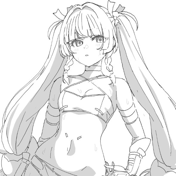 1girl android aoi_suzu blunt_bangs blush braid breasts crop_top fingerless_gloves gloves greyscale looking_at_viewer monochrome navel open_mouth qingyi_(zenless_zone_zero) side_braids sidelocks simple_background small_breasts solo stomach twintails upper_body white_background zenless_zone_zero