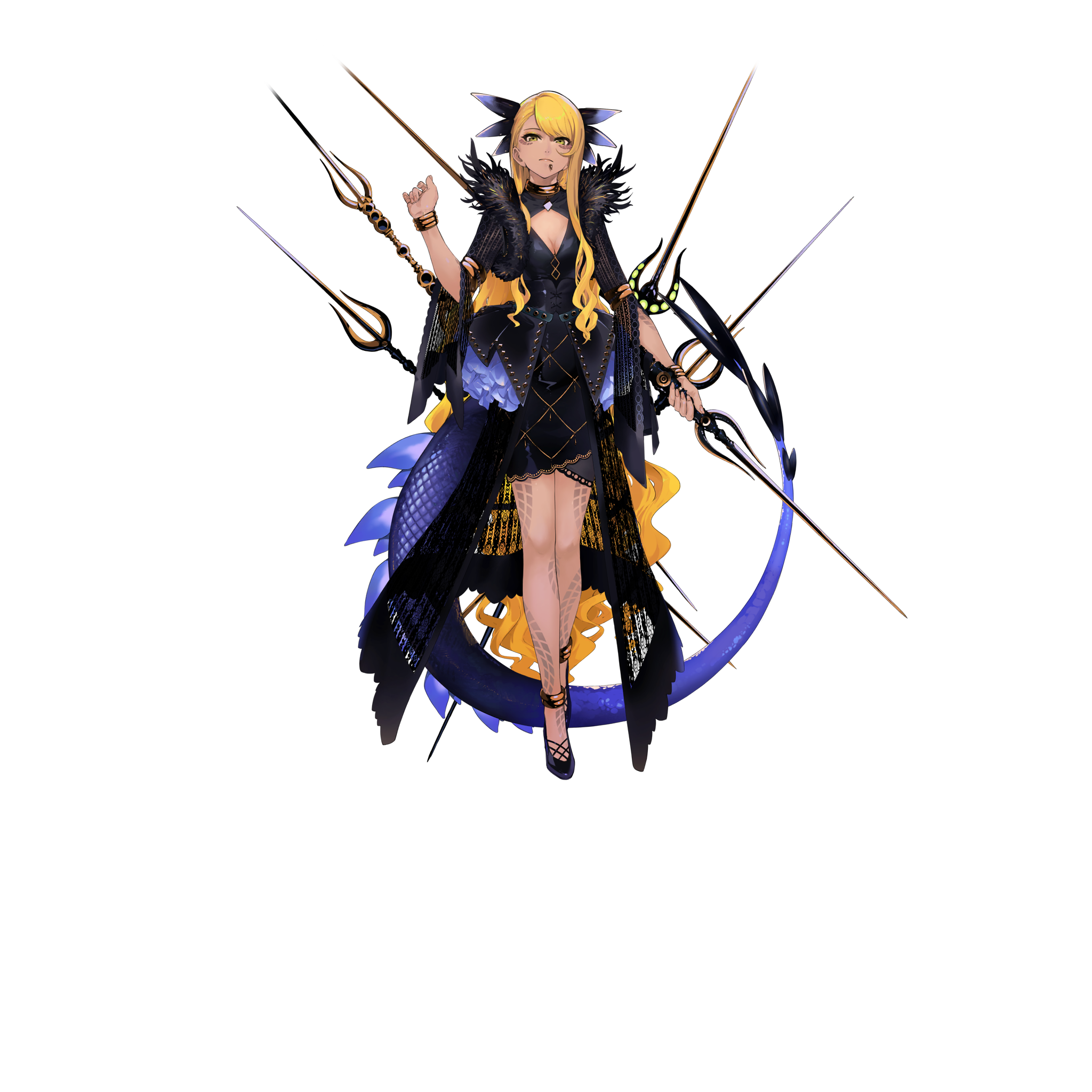 1girl bangle black_dress black_shirt black_shoes black_shrug blonde_hair blue_tail body_markings bracelet breasts chin_piercing cleavage cleavage_cutout clothing_cutout dragon_girl dragon_tail dress face_piercing facial_mark fate/grand_order fate_(series) floating floating_object floating_weapon full_body fur-trimmed_shrug game_cg gold_anklet gold_bracelet gold_choker hand_up highres holding holding_behind_back holding_polearm holding_polearm_behind_back holding_weapon holding_weapon_behind_back horns jewelry la-na legs_together long_hair long_sidelocks long_skirt long_sleeves looking_at_viewer medium_breasts official_art overskirt piercing polearm scales shirt shoes short_dress shrug_(clothing) sidelocks skirt solo standing swept_bangs tail teeth third-party_source three-quarter_sleeves variant_set very_long_hair vritra_(fate) vritra_(second_ascension)_(fate) weapon wide_sleeves yellow_eyes