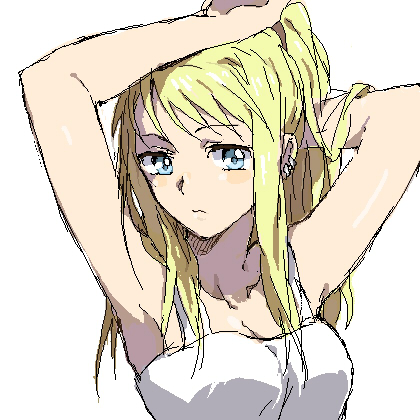 1girl armpits arms_up bare_arms bare_shoulders blonde_hair blue_eyes blush breasts close-up earrings expressionless female_focus fullmetal_alchemist jewelry long_hair looking_away lowres medium_breasts riru shaded_face shirt simple_background sleeveless sleeveless_shirt solo upper_body white_background white_shirt winry_rockbell