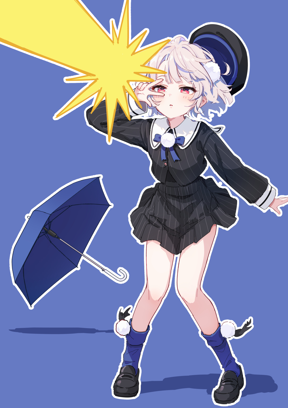 1girl beret black_hat black_jacket black_shoes black_skirt blue_background blue_ribbon blue_socks blue_umbrella blush brat_(brabrabrat00) commentary_request full_body grey_hair hair_ornament hat highres jacket loafers long_sleeves miniskirt outline parted_lips pinstripe_jacket pinstripe_pattern pinstripe_skirt pleated_skirt pom_pom_(clothes) pom_pom_hair_ornament red_eyes ribbon sailor_collar shoes short_hair simple_background skirt socks solo standing ui_(voisona) umbrella voisona w w_over_eye white_outline white_sailor_collar