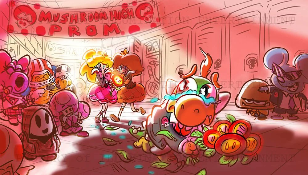 4girls 6+boys aged_down bad_source birdo blonde_hair blue_eyes bow bowser brown_hair chargin&#039;_chuck concept_art crown dress fire_flower goomba grin hammer_bro helmet jed_diffenderfer laughing locker looking_at_another lying mario_(series) mouser multiple_boys multiple_girls nintendo official_art pointing princess_daisy princess_peach protected_link school shy_guy smile spikes sunglasses tears the_super_mario_bros._movie toad_(mario) toadette
