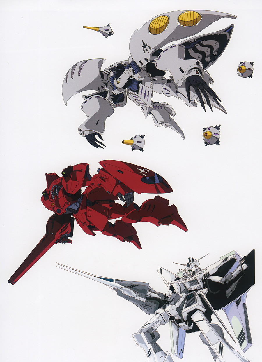 1980s_(style) beam_rifle claws commentary concept_art energy_gun english_commentary funnels_(gundam) galbaldy_beta gundam highres machinery mecha mobile_suit nagano_mamoru neo_zeon no_humans official_art oldschool production_art qubeley retro_artstyle robot scan science_fiction shield traditional_media weapon white_background zeta_gundam