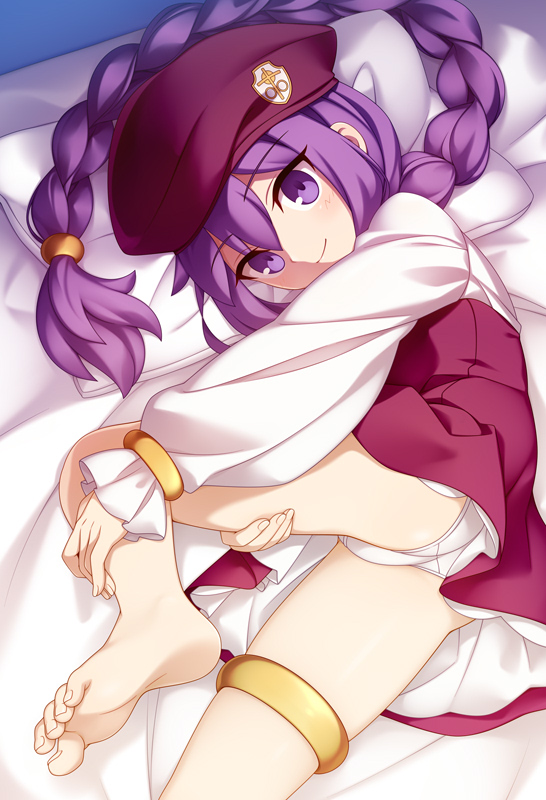 1girl aged_down barefoot bed_sheet beret bracelet braid braided_ponytail breasts buttons collared_shirt dress fate/grand_order fate_(series) fuu_(koneko_no_yomeiri) hat jewelry long_hair long_sleeves looking_at_viewer lying panties puffy_long_sleeves puffy_sleeves purple_dress purple_eyes purple_hair purple_hat shirt sidelocks sion_eltnam_(type-moon) sion_eltnam_sokaris small_breasts smile solo thighlet thighs underwear white_panties white_shirt