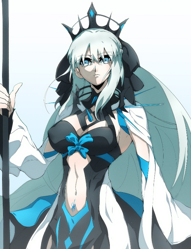 1girl black_bow blue_eyes bow fate/grand_order fate_(series) hair_between_eyes hair_bow long_hair looking_at_viewer morgan_le_fay_(fate) morgan_le_fay_(third_ascension)_(fate) polearm ponytail simple_background spear spikes stomach_tattoo tattoo tiara vincent_graphic_art weapon white_hair