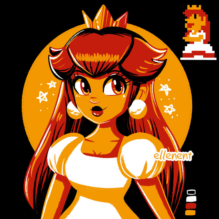 1girl 8-bit black_background breasts cleavage colored_skin crown dress earrings ellenent jewelry long_hair looking_at_viewer mario_(series) meme nintendo official_alternate_color orange_skin princess_peach princess_toadstool_redraw_(meme) puffy_short_sleeves puffy_sleeves red_eyes red_hair short_sleeves simple_background smile solo super_mario_bros._1 white_dress