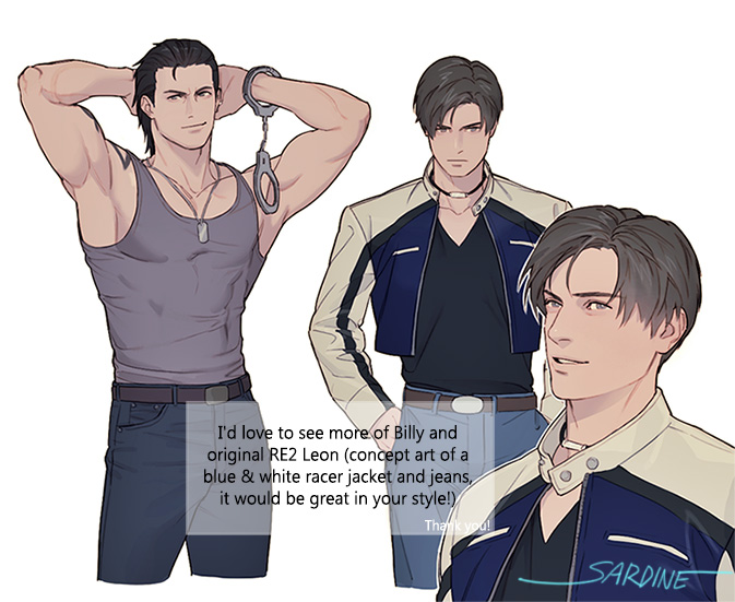 2boys billy_coen black_hair brown_hair commentary_request leon_s._kennedy multiple_boys muscular muscular_male resident_evil resident_evil_0 resident_evil_2 sardine_(kjr0313) shirt short_hair sleeveless sleeveless_shirt tattoo