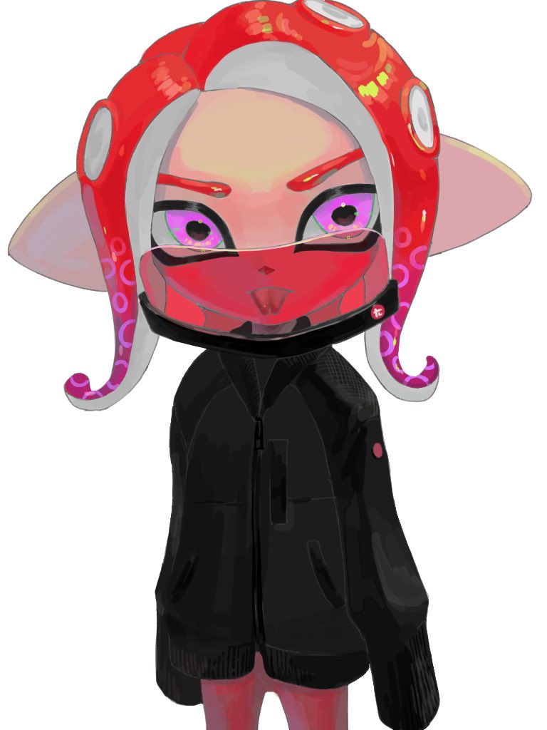 1girl black_sweater commentary_request cowboy_shot kurutot1 looking_at_viewer mask medium_hair nintendo octoling octoling_girl octoling_player_character pointy_ears purple_eyes red_hair simple_background solo splatoon_(series) standing sweater tentacle_hair tongue tongue_out v-shaped_eyebrows white_background
