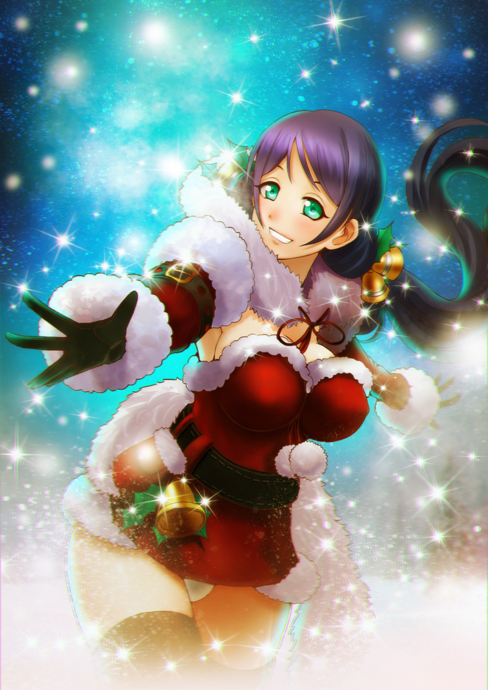 10s 1girl bad_id bad_pixiv_id bell black_thighhighs blush bow breasts delant female_focus fur_trim gloves green_eyes hachifuku large_breasts long_hair love_live! love_live!_school_idol_festival love_live!_school_idol_project purple_hair santa_costume skirt smile solo thighhighs tojo_nozomi twintails zettai_ryouiki