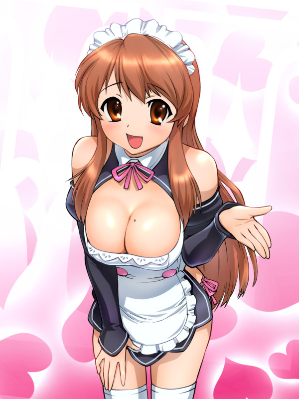 1girl apron asahina_mikuru bare_shoulders blush breasts brown_eyes brown_hair cleavage cosplay detached_sleeves dream_c_club dream_c_club_(series) female_focus futaba_riho futaba_riho_(cosplay) gotou_yuuko large_breasts long_hair maid maid_apron maid_headdress mole mole_on_breast neck_ribbon open_mouth ribbon solo suzumiya_haruhi_no_yuuutsu thighhighs ueyama_michirou v voice_actor_connection white_thighhighs