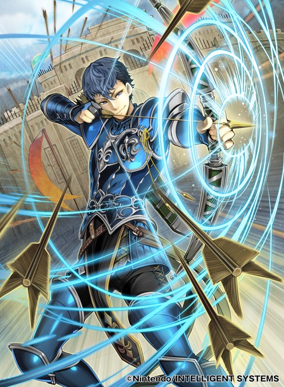 1boy armor armored_boots arrow_(projectile) bad_id bad_twitter_id blue_eyes blue_hair boots bow_(weapon) castle company_name drawing_bow fingerless_gloves fire_emblem fire_emblem_cipher fire_emblem_echoes:_shadows_of_valentia flag gloves holding holding_bow_(weapon) holding_weapon male_focus nintendo official_art python_(fire_emblem) solo toyota_saori weapon