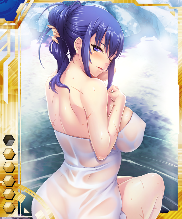 1girl bath breasts card_(blue-ur) card_(medium) card_(ur) covered_erect_nipples female_focus large_breasts naked_towel nobushito_kuro one_eye_closed scar see-through_clothes sitting skindentation solo taimanin_(series) taimanin_asagi_battle_arena_all_card_gallery taimanin_asagi_kessen_arena towel water yukishiro_misao
