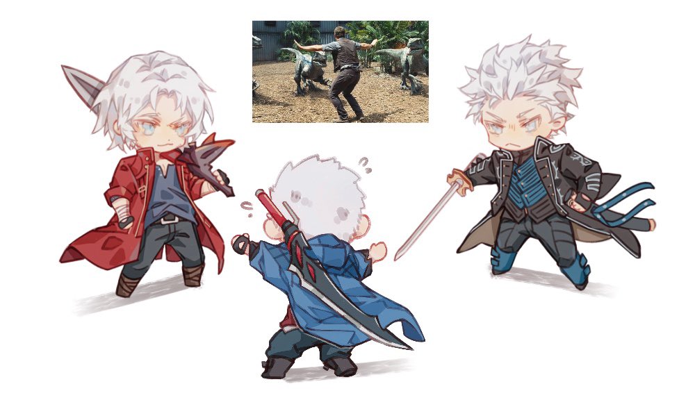 3boys arms_up back baggy_pants bandaged_arm bandages belt black_belt black_coat black_footwear black_gloves black_pants black_shirt blue_eyes blue_footwear blue_jacket blue_pants blue_vest boots brothers brown_coat brown_footwear chibi chibi_only closed_mouth coat collared_jacket dante_(devil_may_cry) devil_may_cry_(series) devil_may_cry_5 father_and_son fingerless_gloves flying_sweatdrops full_body gloves grey_eyes hand_on_own_hip hand_up holding holding_sword holding_weapon hood hooded_jacket jacket jurassic_world lapels lolvivianli long_sleeves looking_at_another male_focus meme multiple_boys nero_(devil_may_cry) open_clothes open_coat open_jacket pants prattkeeping_(meme) rebellion_(sword) red_jacket red_queen_(sword) red_shirt shadow shirt short_hair siblings simple_background single_glove smile standing sword t-shirt twins two-sided_coat two-sided_fabric uncle_and_nephew v-shaped_eyebrows vergil_(devil_may_cry) vest weapon weapon_on_back white_background white_hair yamato_(sword)