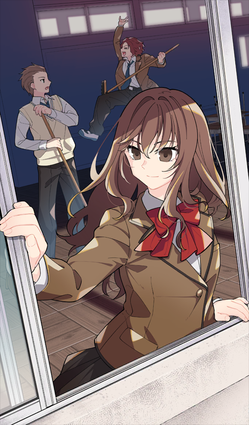1girl 2boys :d =_= \m/ arm_above_head belt black_belt black_pants black_skirt blazer blue_necktie bow bowtie broom brown_eyes brown_hair brown_jacket buttons classroom closed_mouth collared_shirt commentary_request dutch_angle fate/grand_order fate_(series) from_outside hair_between_eyes hair_intakes hair_slicked_back holding holding_broom jacket jumping kinomi_housuke kumano_onsen_satsujin_jiken kumari_kojika lapels legs_apart long_sleeves looking_at_another mahou_tsukai_no_yoru midair miniskirt multiple_boys nakatani_(naka6130) necktie notched_lapels official_art open_clothes open_jacket open_mouth open_window opening_window pants partially_unbuttoned private_misaki_high_school_uniform red_bow red_bowtie red_hair school school_uniform shirt shoes short_hair sidelocks skirt smile sneakers standing sweater_vest third-party_source tsukiji_tobimaru white_shirt white_shoes window yellow_sweater_vest