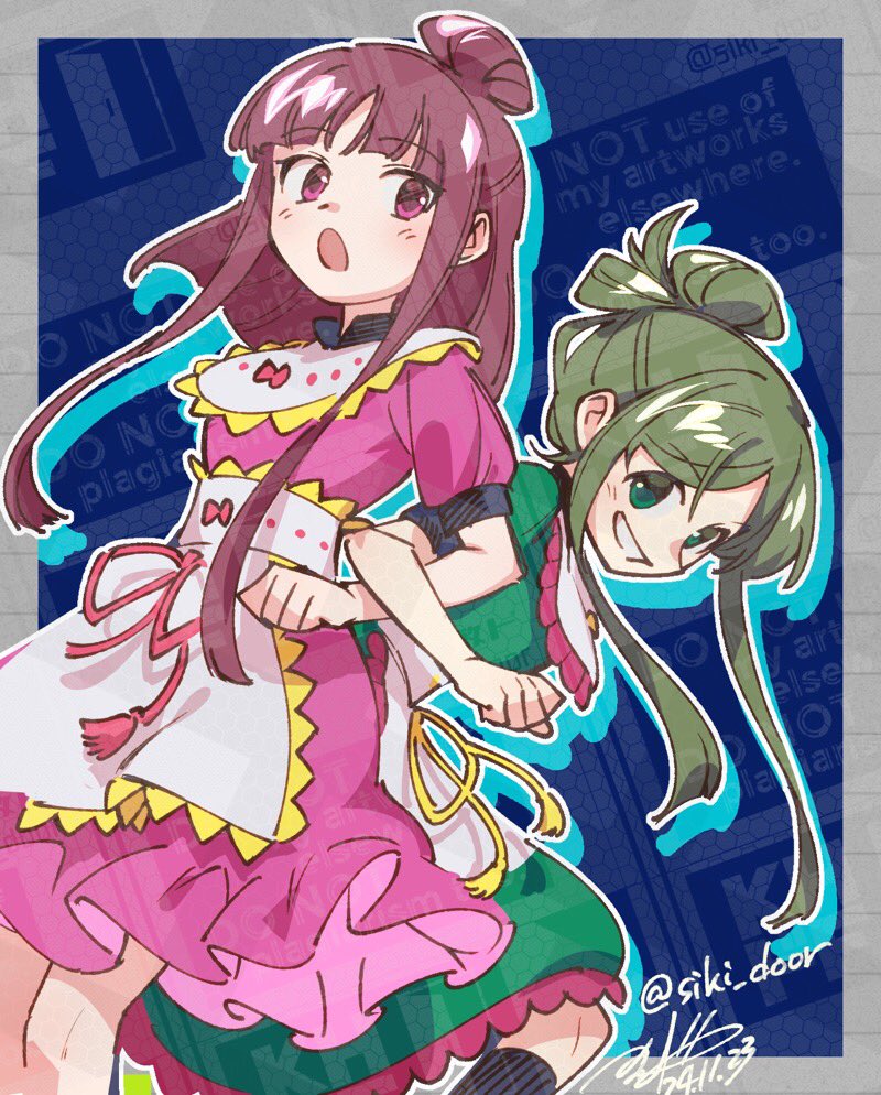 2girls dress green_dress green_eyes green_hair hair_bun multiple_girls nishida_satono pink_dress pink_eyes puffy_short_sleeves puffy_sleeves shikido_(khf) short_sleeves sidelocks teireida_mai touhou