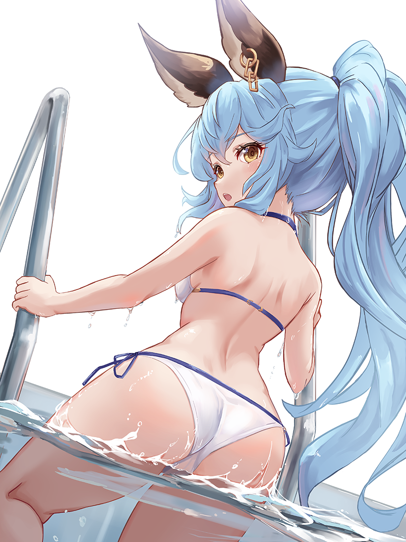 1girl animal_ears ass bare_shoulders bell_(angelicalary) bikini blue_hair earrings erune ferry_(granblue_fantasy) ferry_(summer)_(granblue_fantasy) granblue_fantasy jewelry ponytail pool pool_ladder poolside rabbit_ears side-tie_bikini_bottom single_earring swimsuit white_bikini yellow_eyes