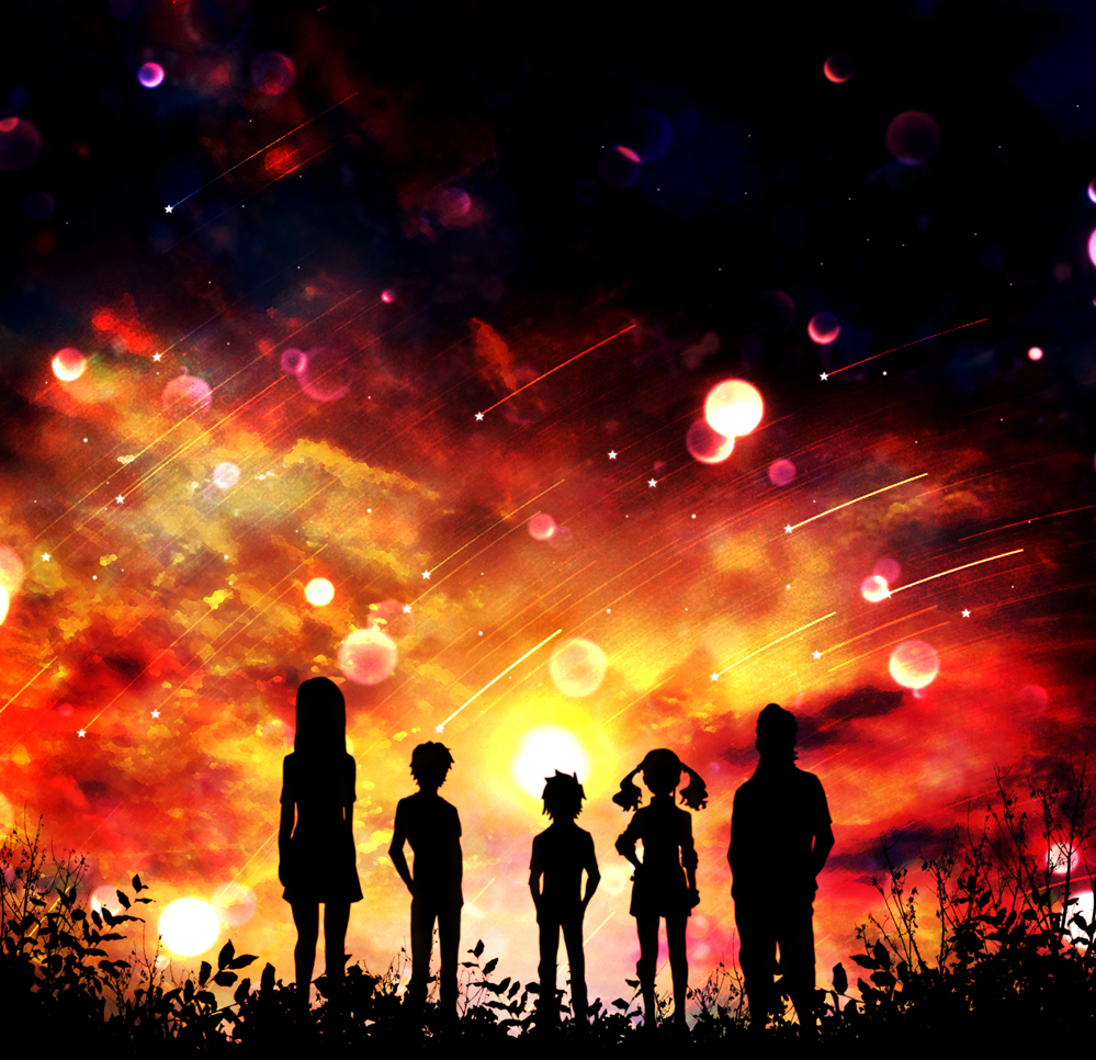 10s 2girls 3boys anjou_naruko ano_hi_mita_hana_no_namae_wo_bokutachi_wa_mada_shiranai. bad_id bad_pixiv_id harada_miyuki hisakawa_tetsudou long_hair matsuyuki_atsumu multiple_boys multiple_girls night night_sky shooting_star short_hair silhouette skirt sky star_(sky) star_(symbol) tsurumi_chiriko twilight twintails yadomi_jinta