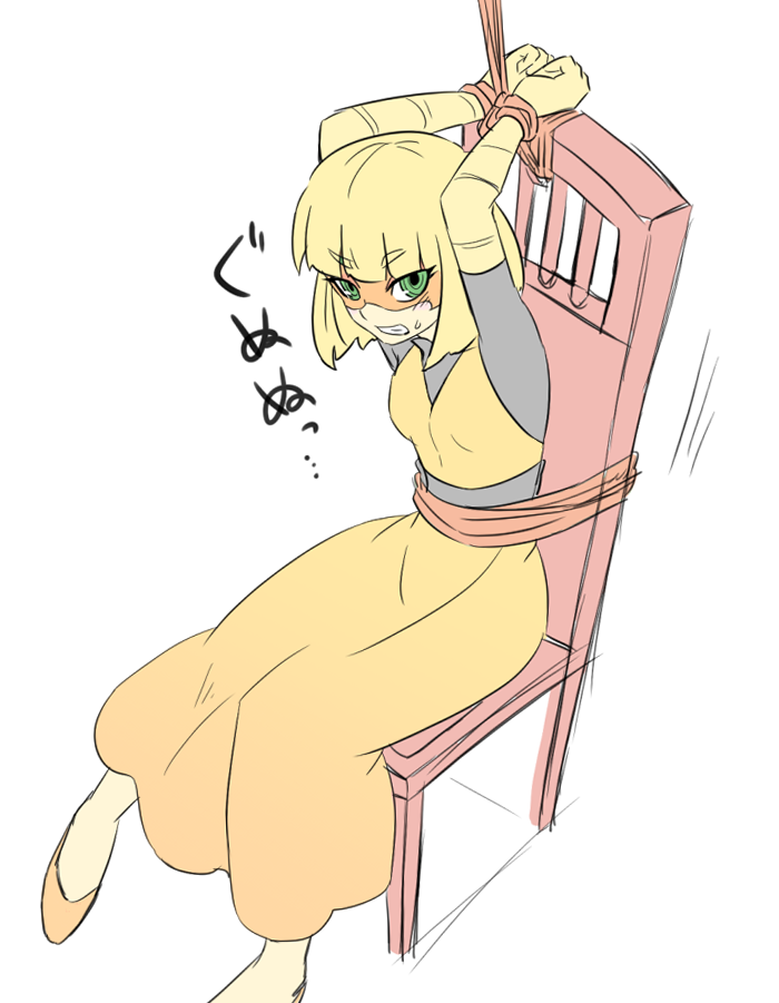 1girl arms_(game) arms_behind_head arms_up blonde_hair blunt_bangs bound bound_wrists chair clenched_teeth domino_mask dress green_eyes hitohito looking_at_viewer looking_up mask min_min_(arms) nintendo no_headwear rope sitting solo teeth white_background