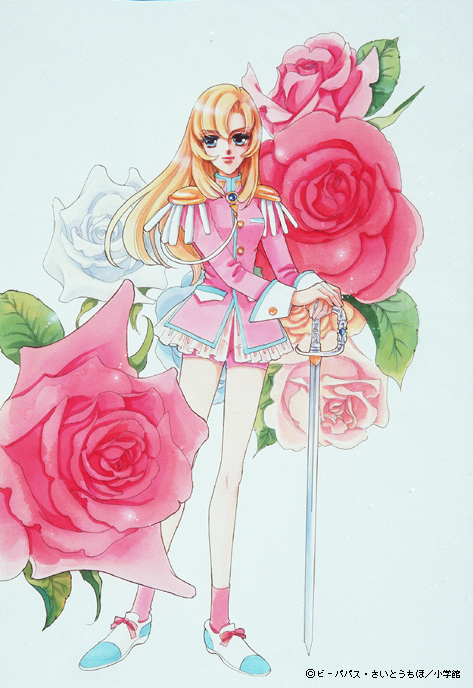 1990s_(style) 1girl blonde_hair blue_eyes epaulettes flower full_body long_hair non-web_source official_art pink_shirt pink_shorts rapier red_flower red_rose retro_artstyle rose saitou_chiho shirt shoes shorts shoujo_kakumei_utena simple_background smile socks solo sword sword_of_dios tenjou_utena weapon white_background white_flower white_rose white_shoes