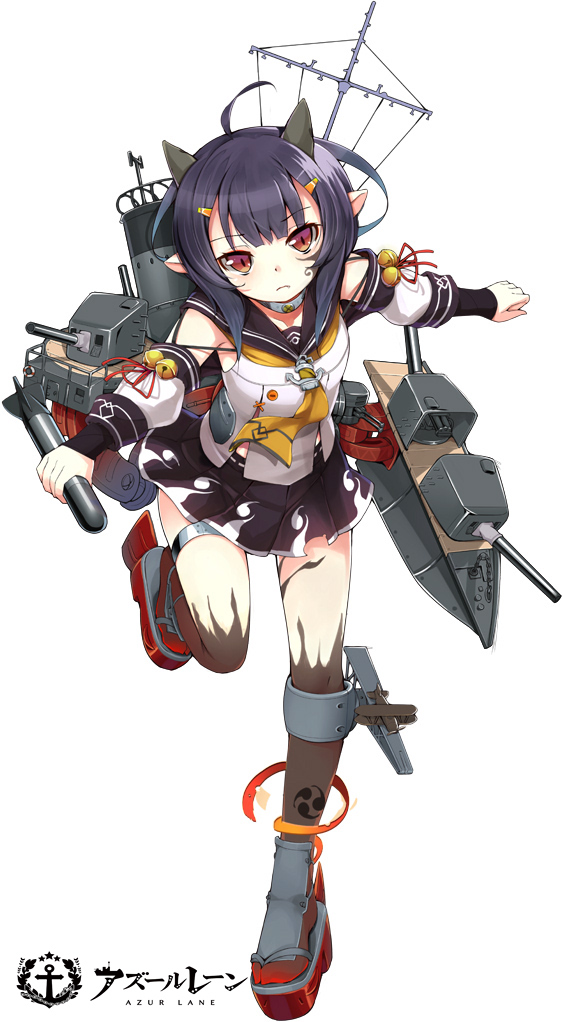 1girl abukuma_(azur_lane) anchor azur_lane bare_shoulders bell black_hair black_thighhighs brown_eyes detached_sleeves female_focus full_body horns jingle_bell magatama miniskirt ootsuki_momiji pleated_skirt pointy_ears school_uniform serafuku short_hair simple_background skirt solo standing standing_on_one_leg tachi-e tattoo thigh_strap thighhighs torpedo white_background