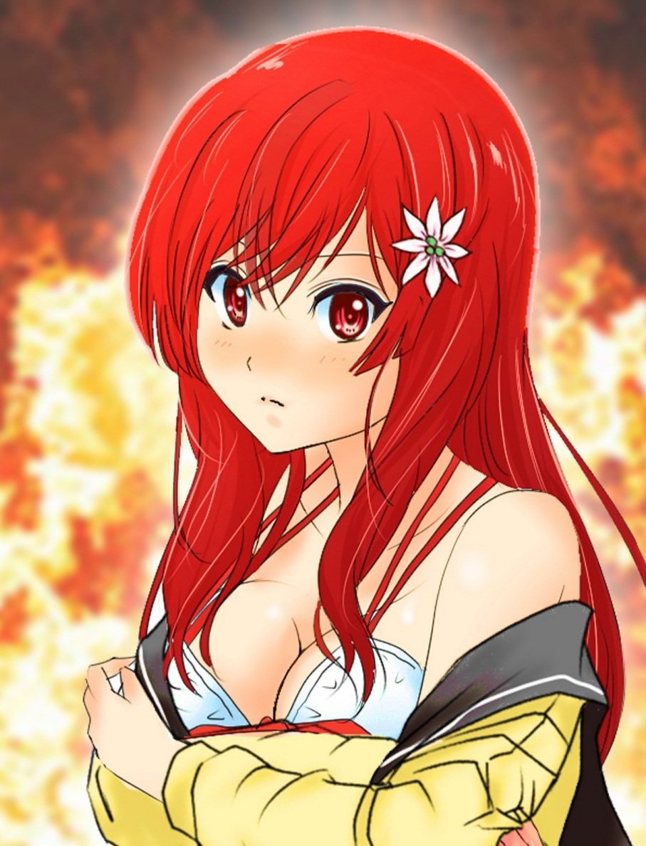 1girl 22/7 bikini bxtbsy7q76gxh73 closed_mouth flower hair_flower hair_ornament long_hair looking_at_viewer off_shoulder portrait red_eyes red_hair sato_reika school_uniform serafuku solo swimsuit white_bikini