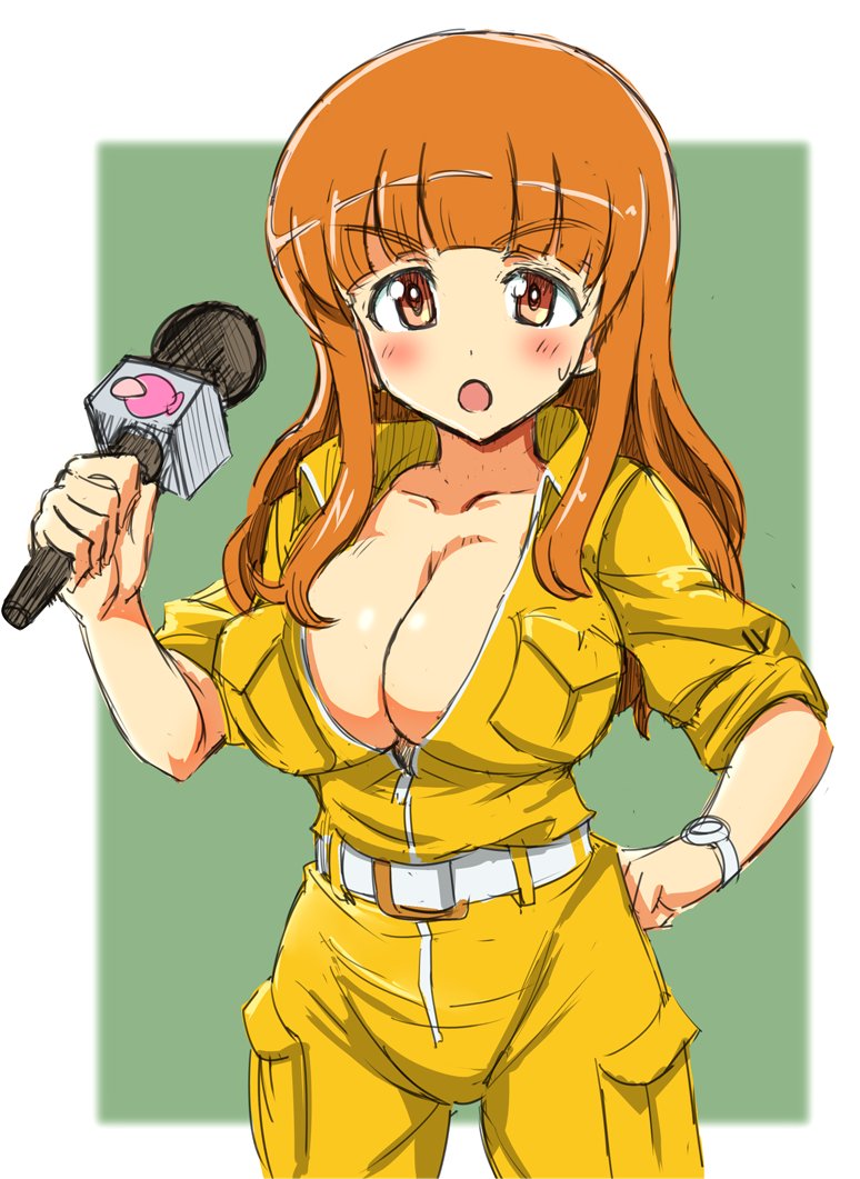 angelfish april_o&#039;neil april_o&#039;neil_(cosplay) blunt_bangs breast_pocket breasts brown_eyes cleavage collarbone cosplay eyebrows_hidden_by_hair fish girls_und_panzer jumpsuit kin-san_(sasuraiga) large_breasts looking_at_viewer microphone open_jumpsuit orange_hair pocket reporter takebe_saori teenage_mutant_ninja_turtles unzipped yellow_jumpsuit