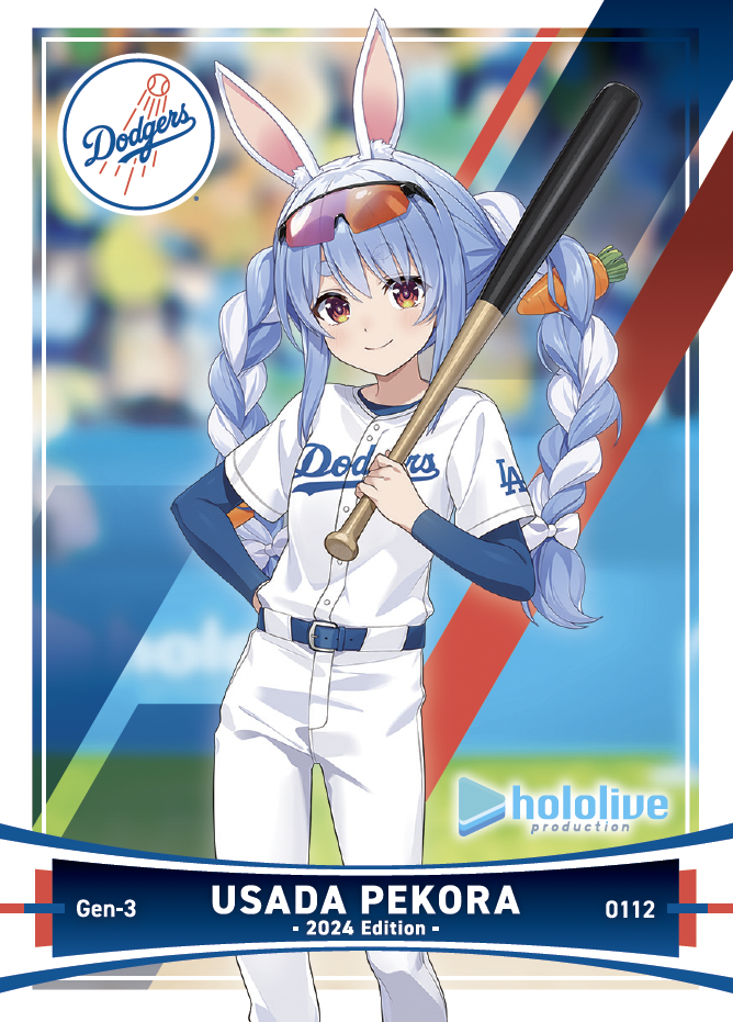 1girl amagai_tarou animal_ear_fluff animal_ears baseball baseball_stadium baseball_uniform batter belt belt_buckle bleachers blue_belt blue_hair blue_shirt blue_undershirt blurry blurry_background bow braid brown_eyes buckle card_(medium) carrot carrot_hair_ornament character_name closed_mouth commentary dated dated_commentary depth_of_field english_text eyewear_on_head feet_out_of_frame food-themed_hair_ornament hair_between_eyes hair_bow hair_ornament hand_on_own_hip hikimayu hololive jersey layered_shirt light_blush logo long_hair long_sleeves los_angeles_dodgers multicolored_hair official_art orange-tinted_eyewear pants promotional_art rabbit_ears rabbit_girl romaji_text shirt short_eyebrows short_sleeves sidelocks smile solo sportswear standing sunglasses thick_eyebrows tinted_eyewear twin_braids two-tone_hair usada_pekora virtual_youtuber white_bow white_hair white_pants white_shirt wrap-around_shades