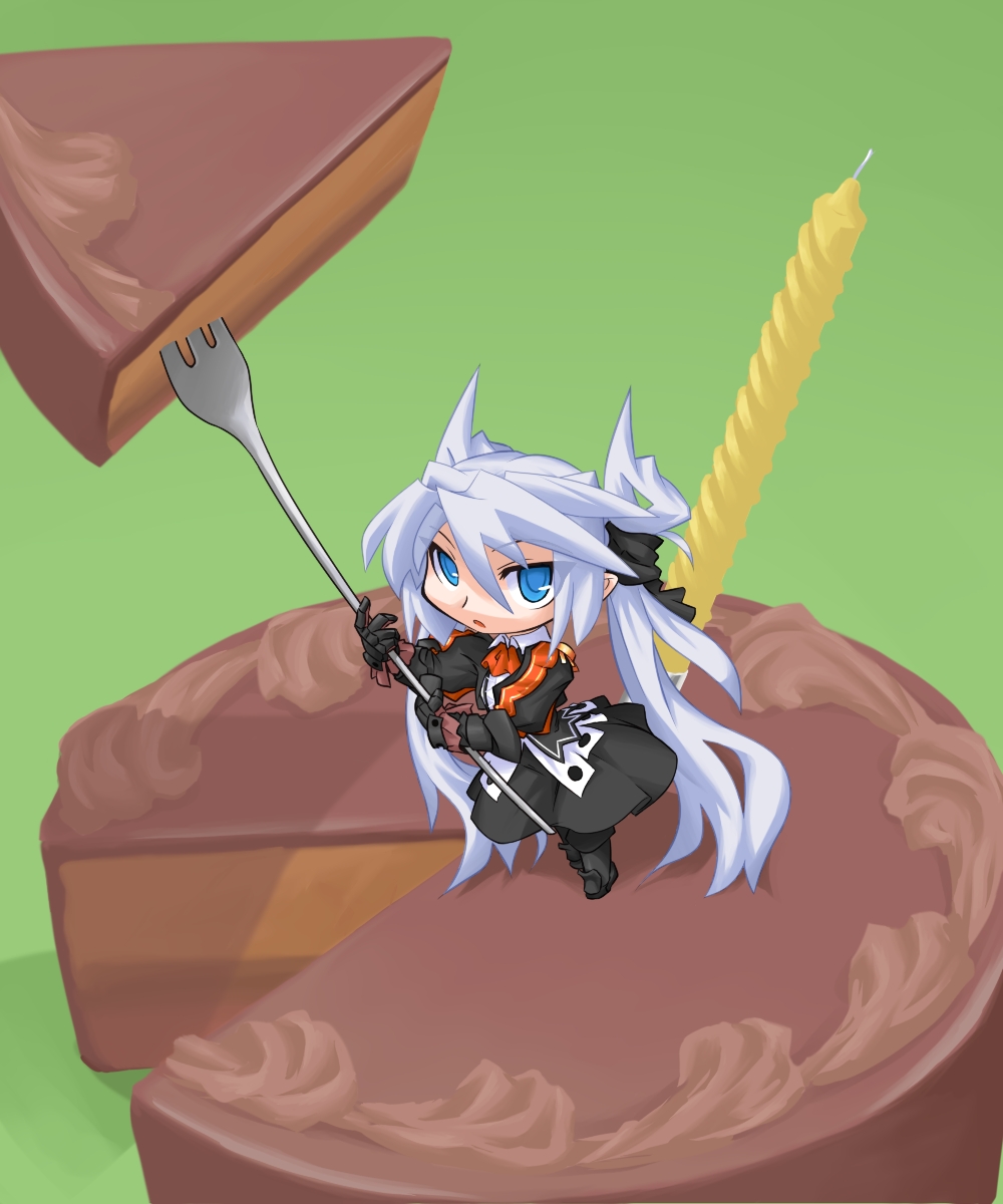 1girl blue_eyes cake cake_slice candle female_focus food fork gauntlets green_background highres long_hair mini_person minigirl mof mof&#039;s_silver_haired_twintailed_girl open_mouth original pastry silver_hair simple_background solo standing twintails very_long_hair
