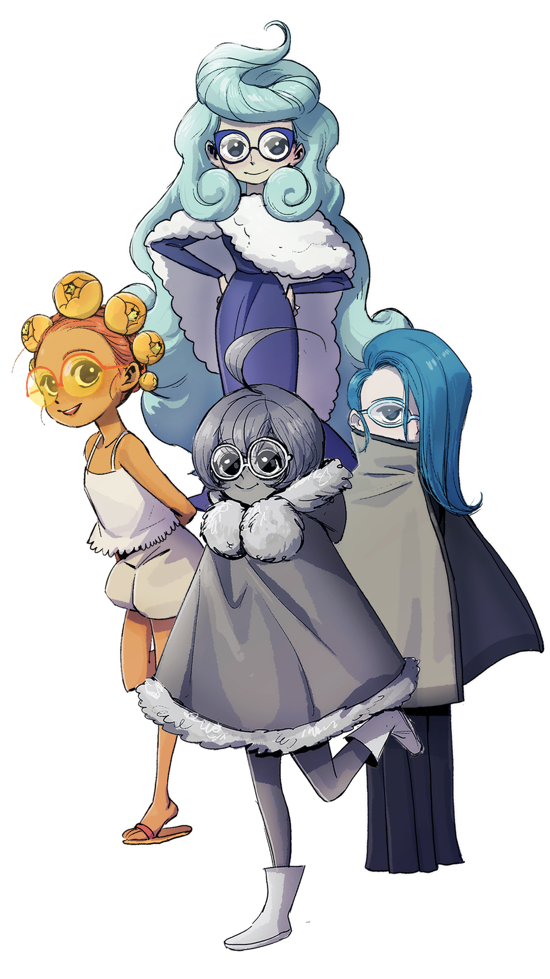 4girls :d ahoge arms_behind_back black_dress black_eyes blue-framed_eyewear blue_dress blue_hair boots cape castform castform_(normal) castform_(rainy) castform_(snowy) castform_(sunny) colored_skin dress flat_chest flower fur_trim gen_3_pokemon glasses grey_cloak grey_shorts grey_skin hair_flower hair_ornament hair_over_one_eye hands_on_own_hips highres light_blue_hair long_hair looking_at_viewer multiple_girls nintendo open_mouth orange-framed_eyewear orange_hair personification pokemon sandals shorts simple_background smile standing standing_on_one_leg tamtamdi tan wavy_hair white-framed_eyewear white_background