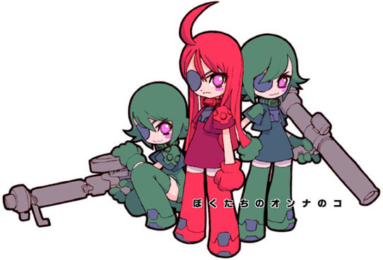 3girls gun gundam m1_bazooka machine_gun multiple_girls peachclass personification rocket_launcher weapon zaku