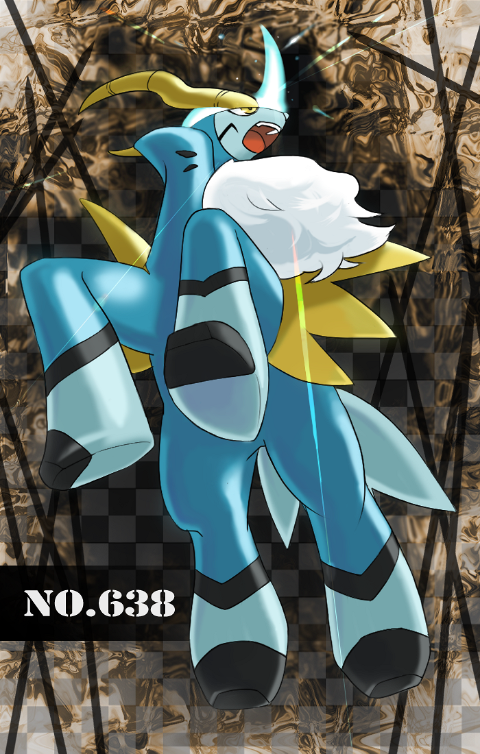 :o cobalion full_body gen_5_pokemon glowing glowing_sword glowing_weapon horizontal-stripes horns jumping legendary_pokemon nintendo no_humans pokedex_number pokemon pokemon_(creature) sacred_sword_(pokemon) solo weapon white_fur yellow_eyes